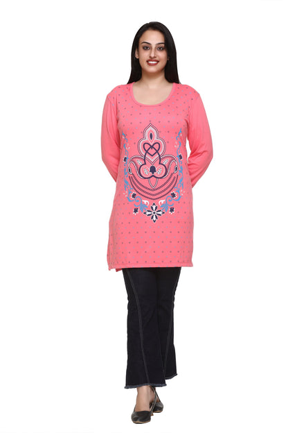 Comfy Blush Pink Cotton Plus Size Printed Full Sleeve Long Tops For Women Online In India