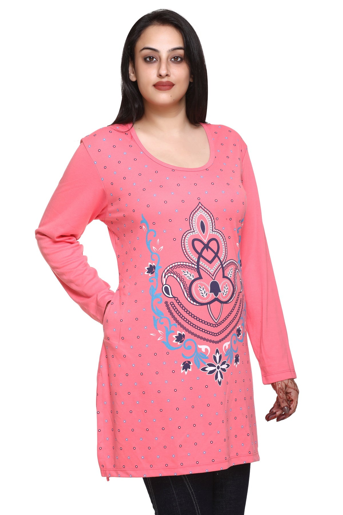 Comfy Blush Pink Cotton Plus Size Printed Full Sleeve Long Tops For Women Online In India