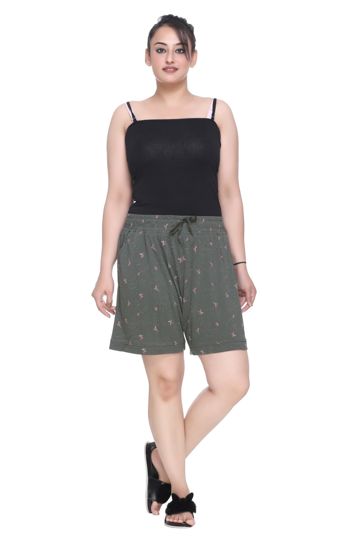 Plus Size Cotton Shorts For Women - Printed Bermuda - Olive Green