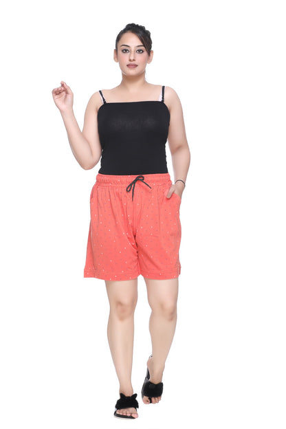 Plus Size Cotton Shorts For Women - Printed Bermuda - Carrot Orange