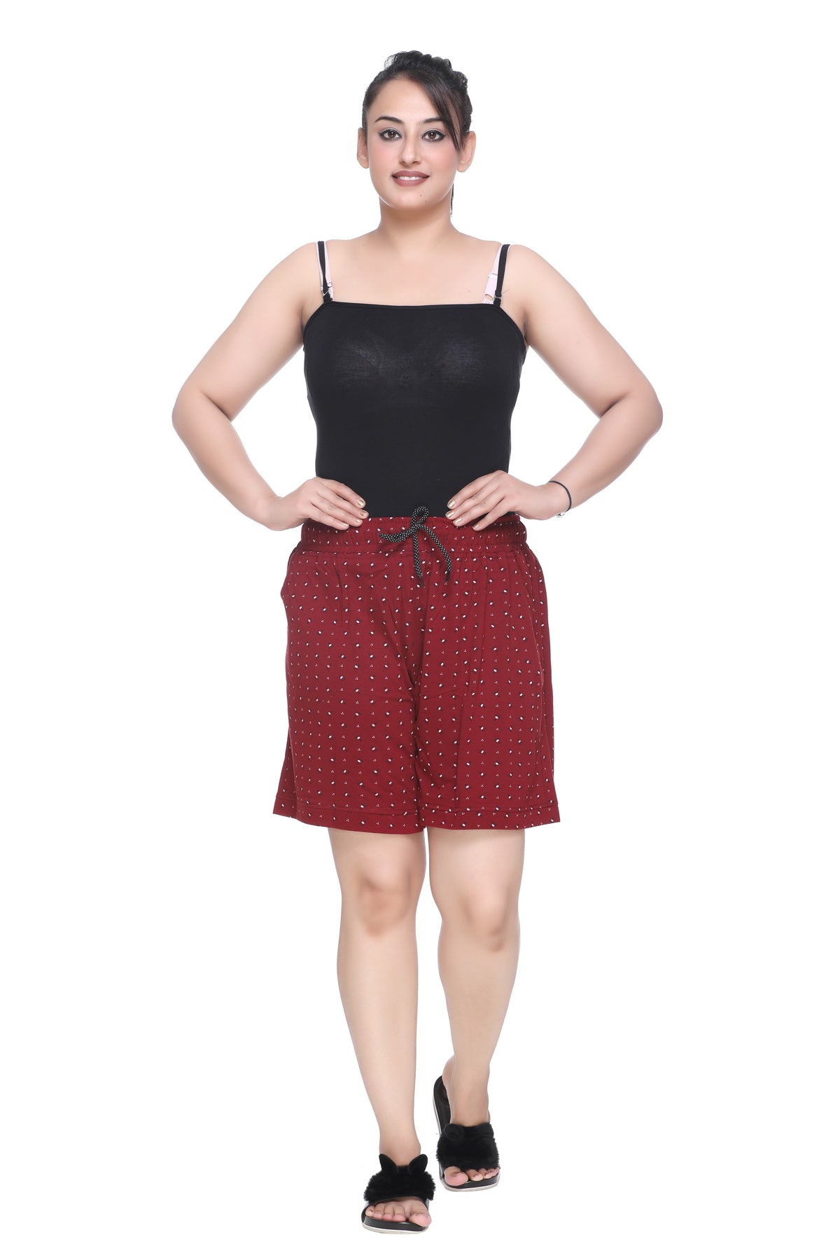 Plus Size Cotton Shorts For Women - Printed Bermuda - Cherry Red