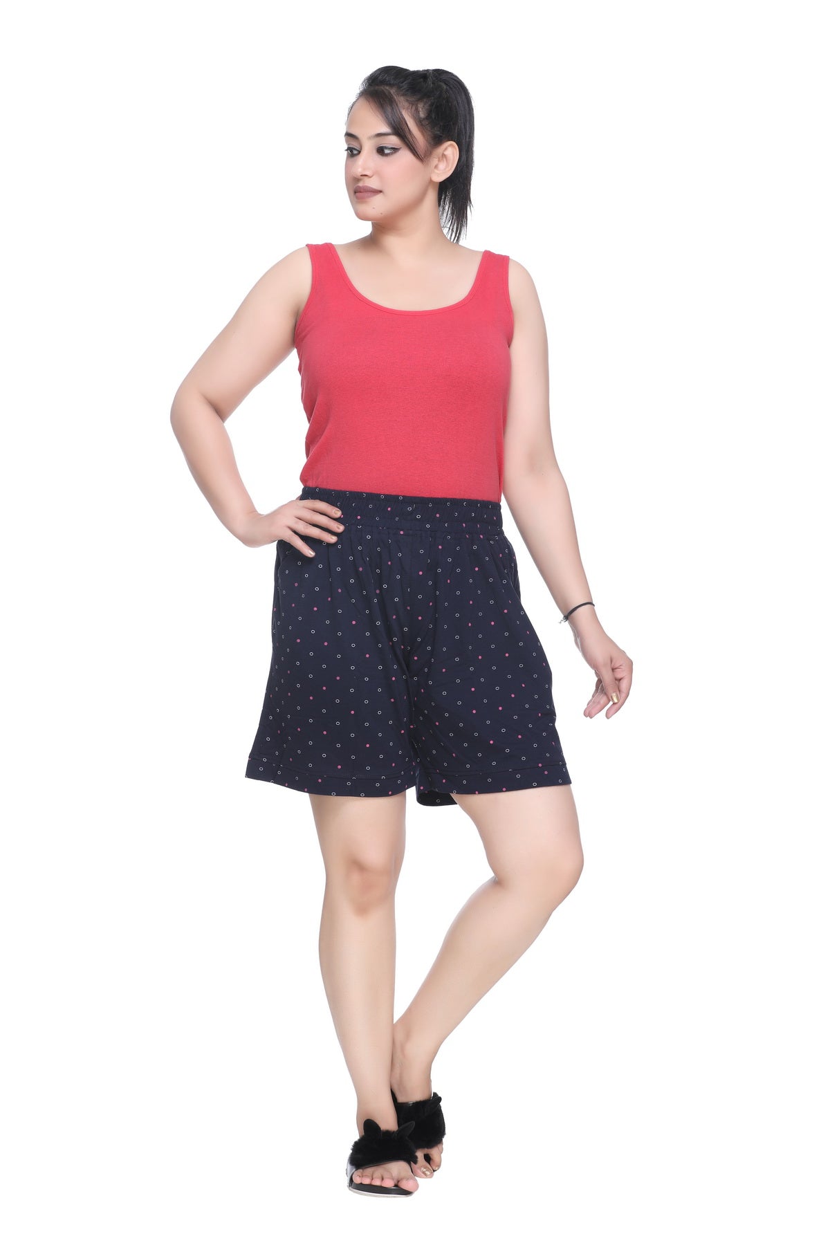 CUPID Plus Size Printed Cotton Shorts For Women Combo Pack of Two ( Coral Red/ Navy) freeshipping - Cupid Clothings