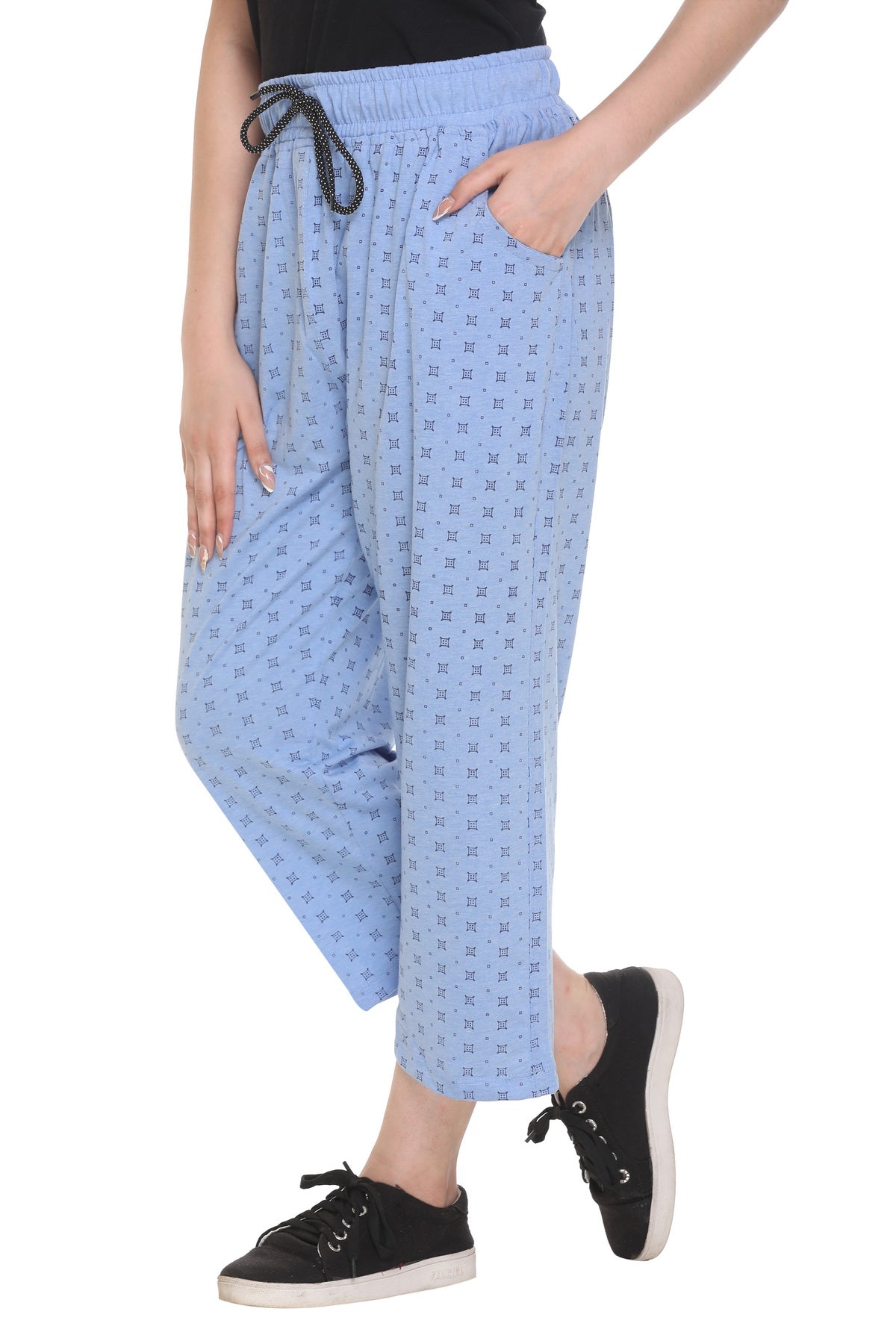 Stylish Sky Blue Printed Cotton Plus Size Capri For Women Online In India