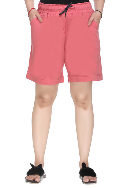 Cotton Shorts For Women - Plain Bermuda - Rosy Pink