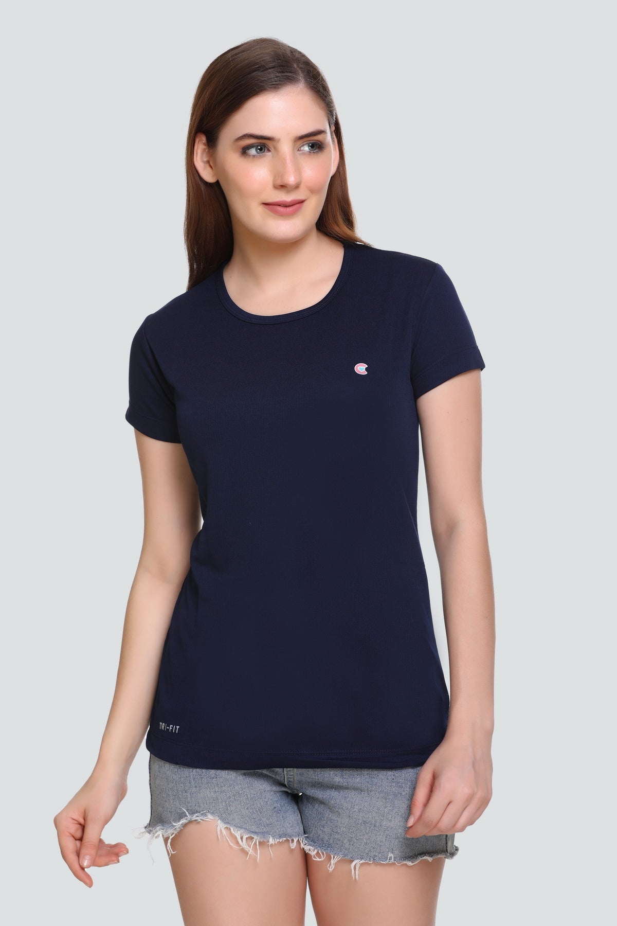 Stylish Navy Blue Cotton Half Sleeves Dri Fit T-shirts For Women Online In India