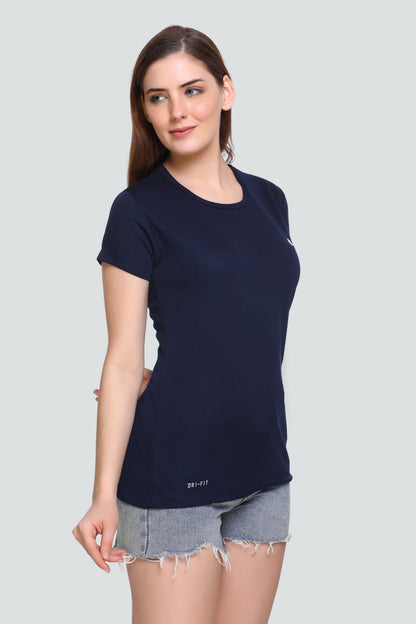 Stylish Navy Blue Cotton Half Sleeves Dri Fit T-shirts For Women Online In India