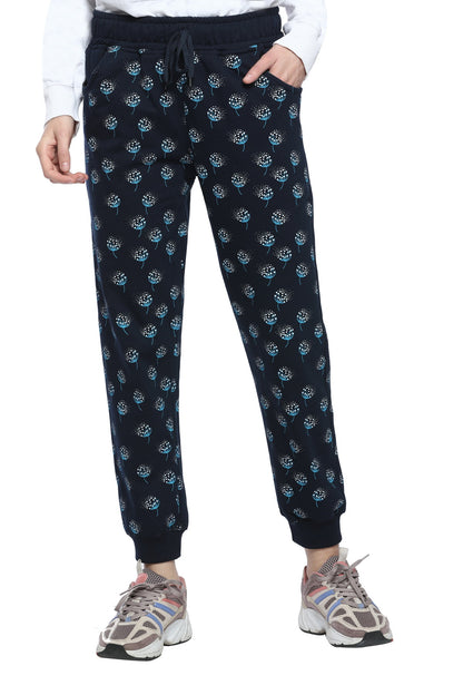 Comfortable Navy Blue Winter Fleece Cotton Printed Joggers for Women online in India