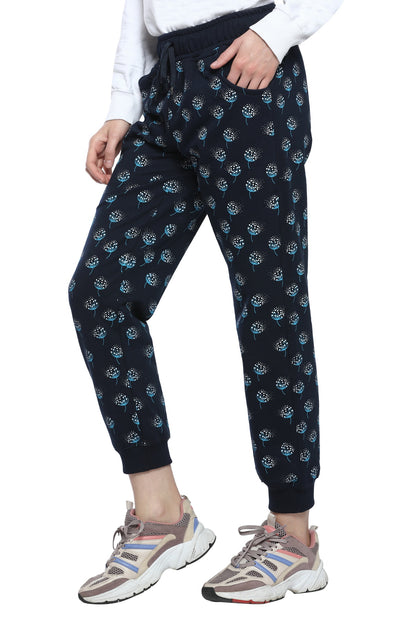Comfortable Navy Blue Winter Fleece Cotton Printed Joggers for Women online in India