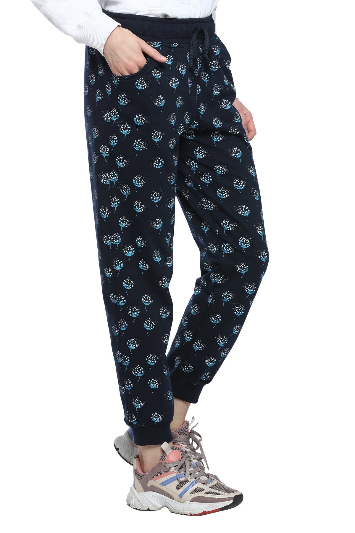 Comfortable Navy Blue Winter Fleece Cotton Printed Joggers for Women online in India
