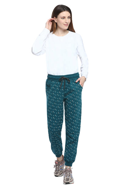 Comfortable Teal Blue Winter Fleece Cotton Printed Joggers for Women online in India