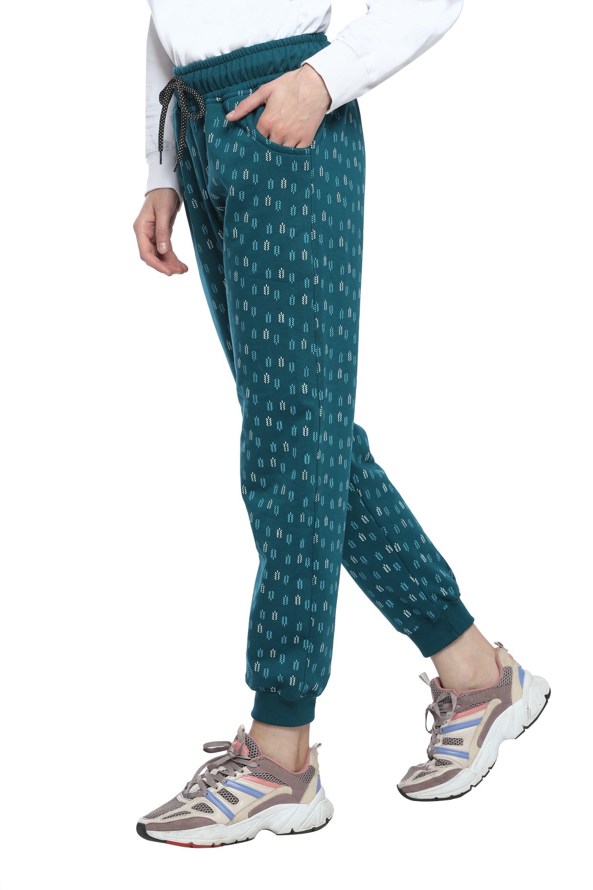 Comfortable Teal Blue Winter Fleece Cotton Printed Joggers for Women online in India