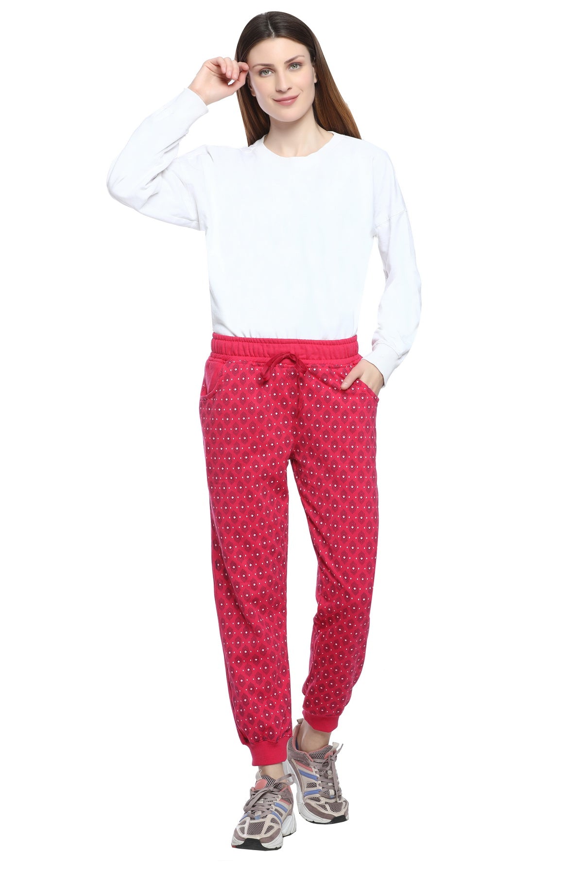Comfortable Pink Winter Fleece Cotton Printed Joggers for Women online in India