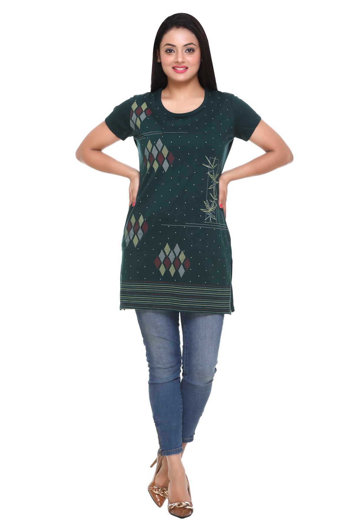 Cotton Printed Long T-shirts For Women Half Sleeve - Bottle Green
