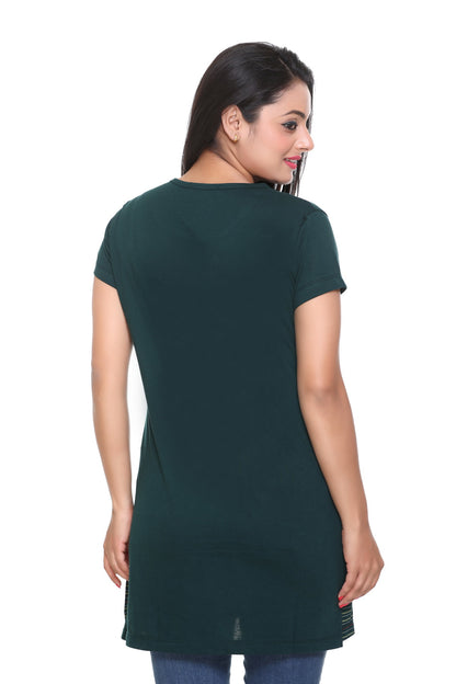 Comfy Bottle Green Printed Cotton Long T-shirt For Women (Half Sleeves) Online In India