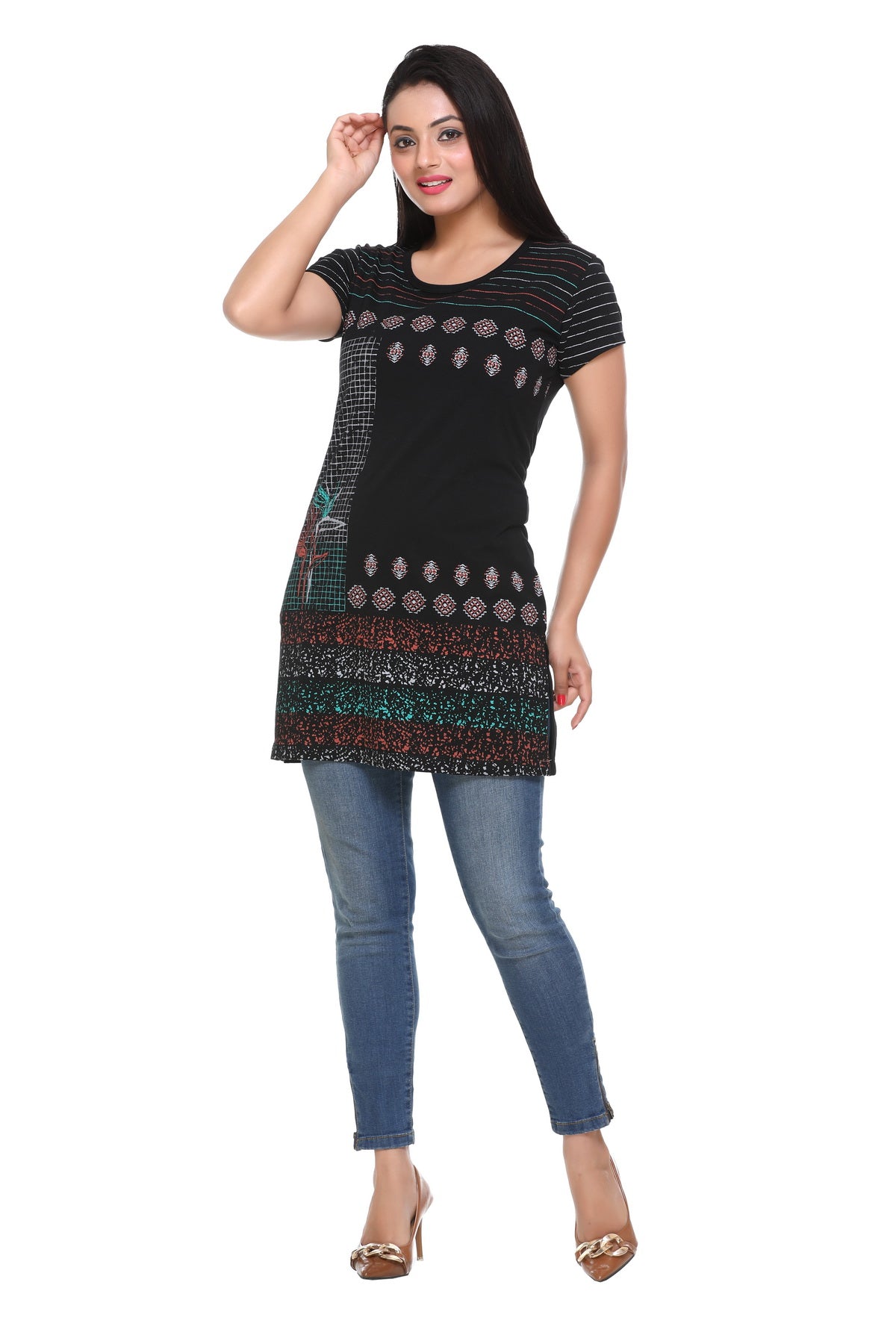 Cotton Printed Long T-shirts For Women Half Sleeve - Black - In Online