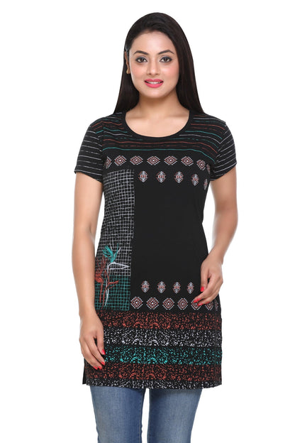 Comfy Black Printed Cotton Long T-shirt For Women (Half Sleeves) Online In India