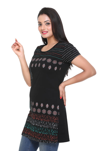 Cotton Printed Long T-shirts For Women Half Sleeve - Black - In Online