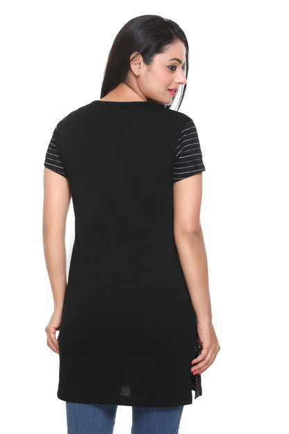 Cotton Printed Long T-shirts For Women Half Sleeve - Black - In Online