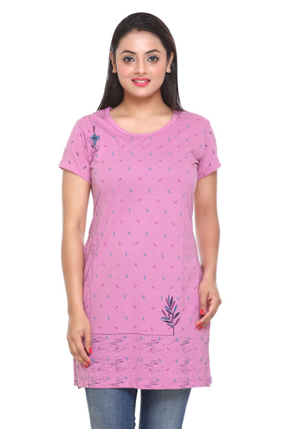 Cotton Printed Long T-shirts For Women Half Sleeve - Lavender - at Online