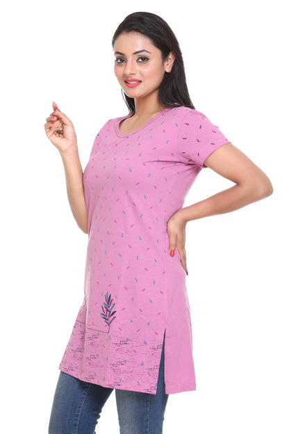 Comfy Lavender Printed Cotton Long T-shirt For Women (Half Sleeves) Online In India