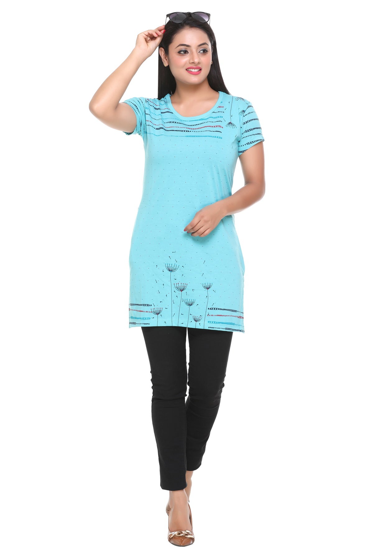 Comfortable Aqua Cotton Printed Half Sleeve Long T-shirts For Women At Best Price