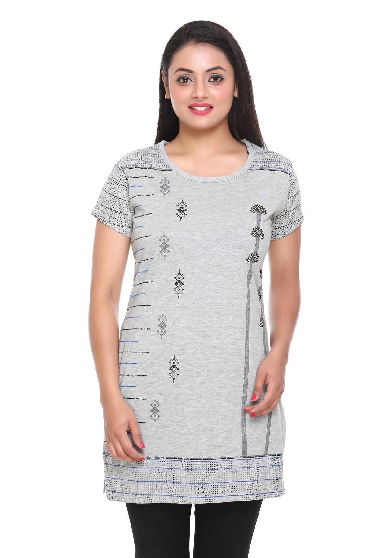 Comfy Grey Printed Cotton Long T-shirt (Half Sleeves)For Women Online In India