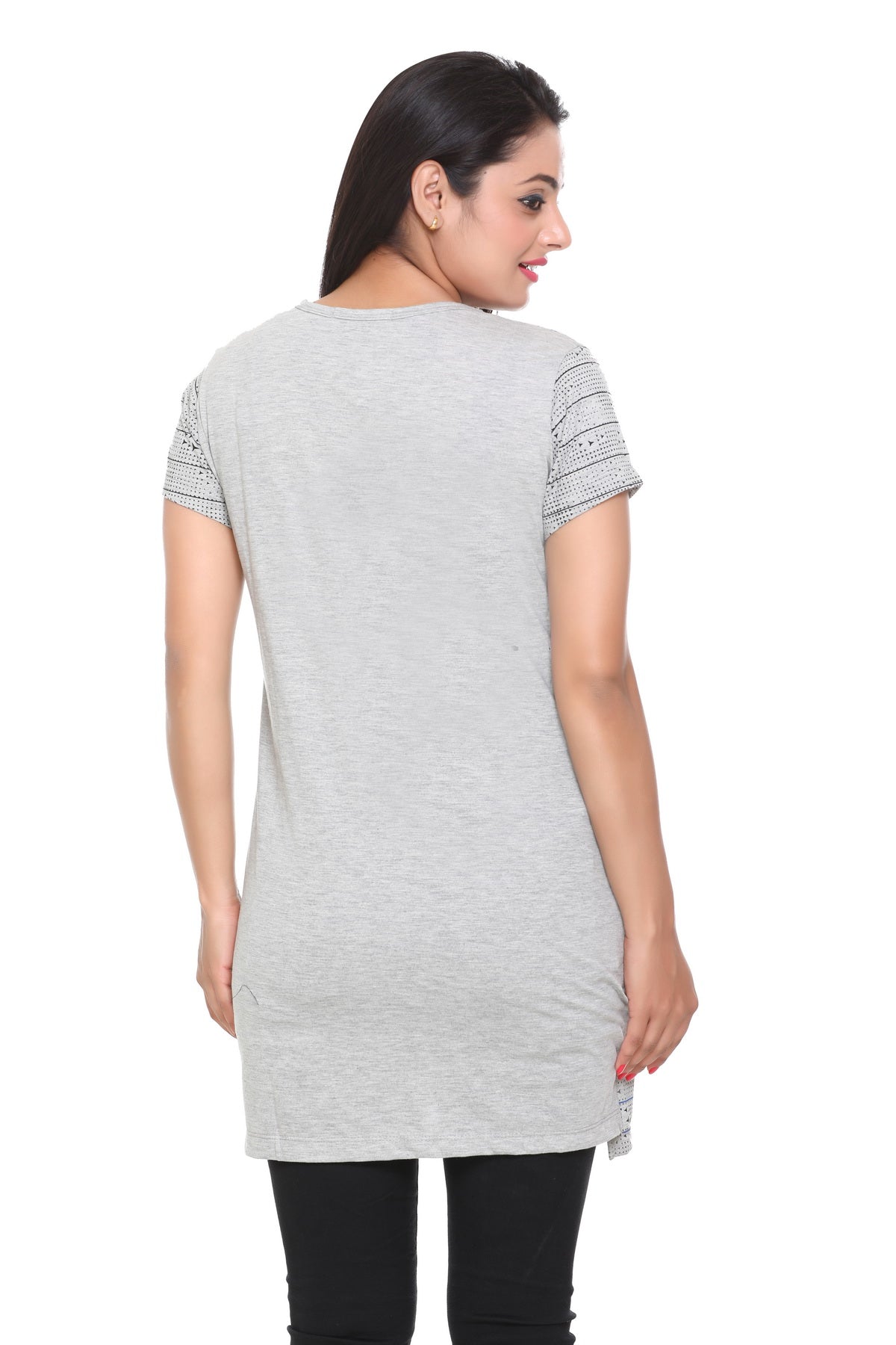 Cotton Printed Long T-shirts For Women Half Sleeve - Grey
