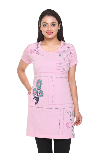 Cotton Printed Long t-shirts For Women In Half Sleeve - Baby Pink