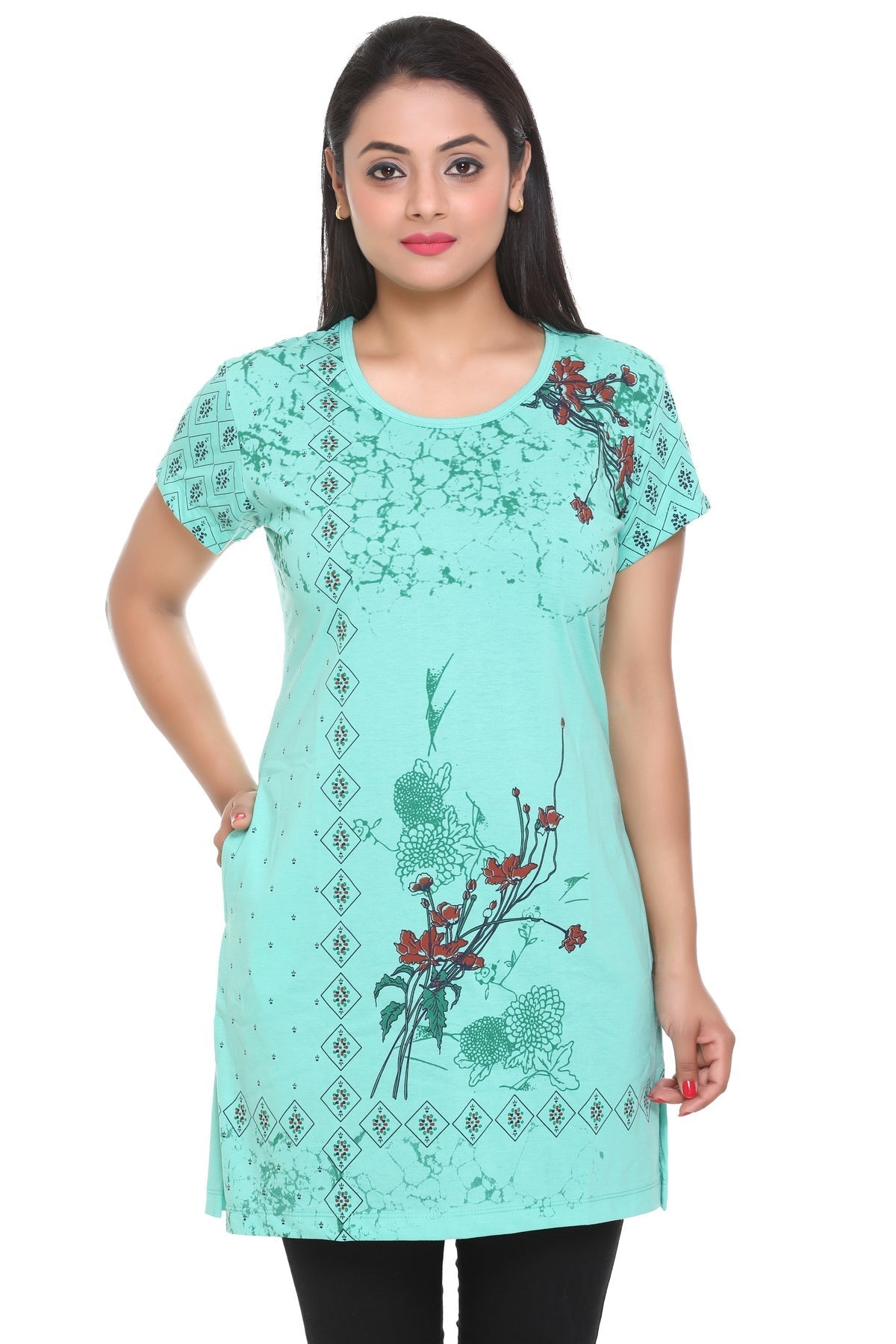 Stylish Sea Green Printed Long T-Shirt For Women In Half Sleeve 