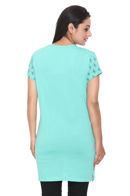 Stylish Sea Green Printed Long T-Shirt For Women In Half Sleeve