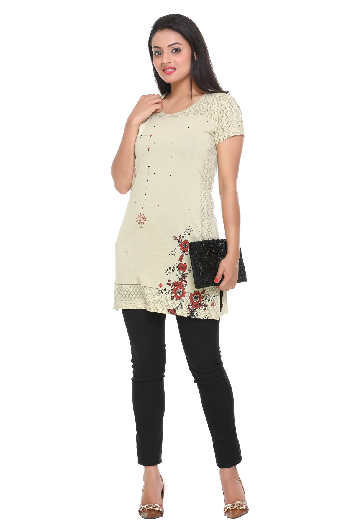 Cotton Printed Long T-shirts For Women Half Sleeve - Beige at Best Prices
