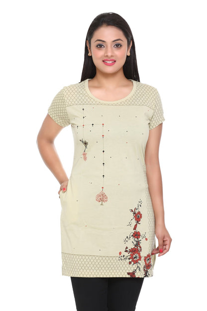 Cotton Printed Long T-shirts For Women Half Sleeve - Beige at Best Prices