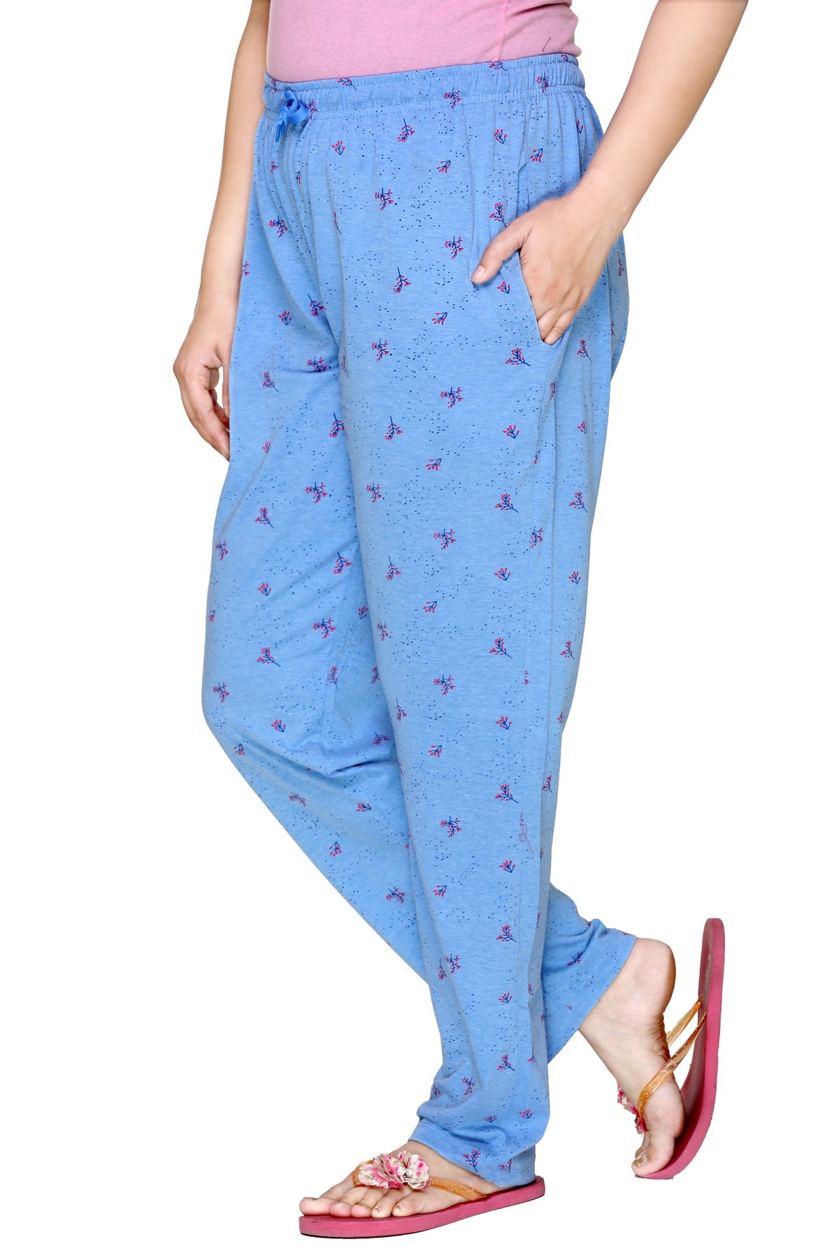 Cotton Printed Night Pants For Women Blue