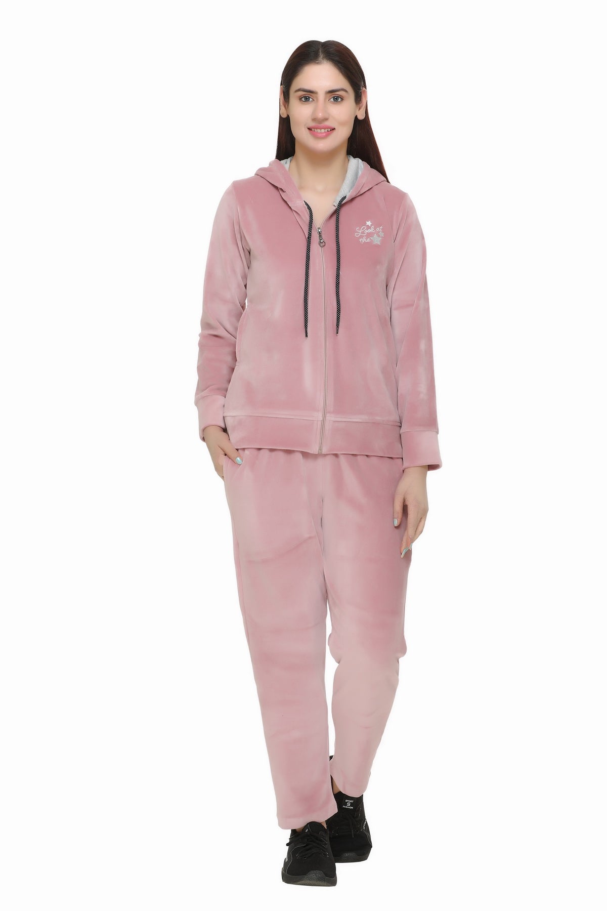 Comfy Rosy Pink Cotton Winter Velvet Tracksuit For Women Online In India