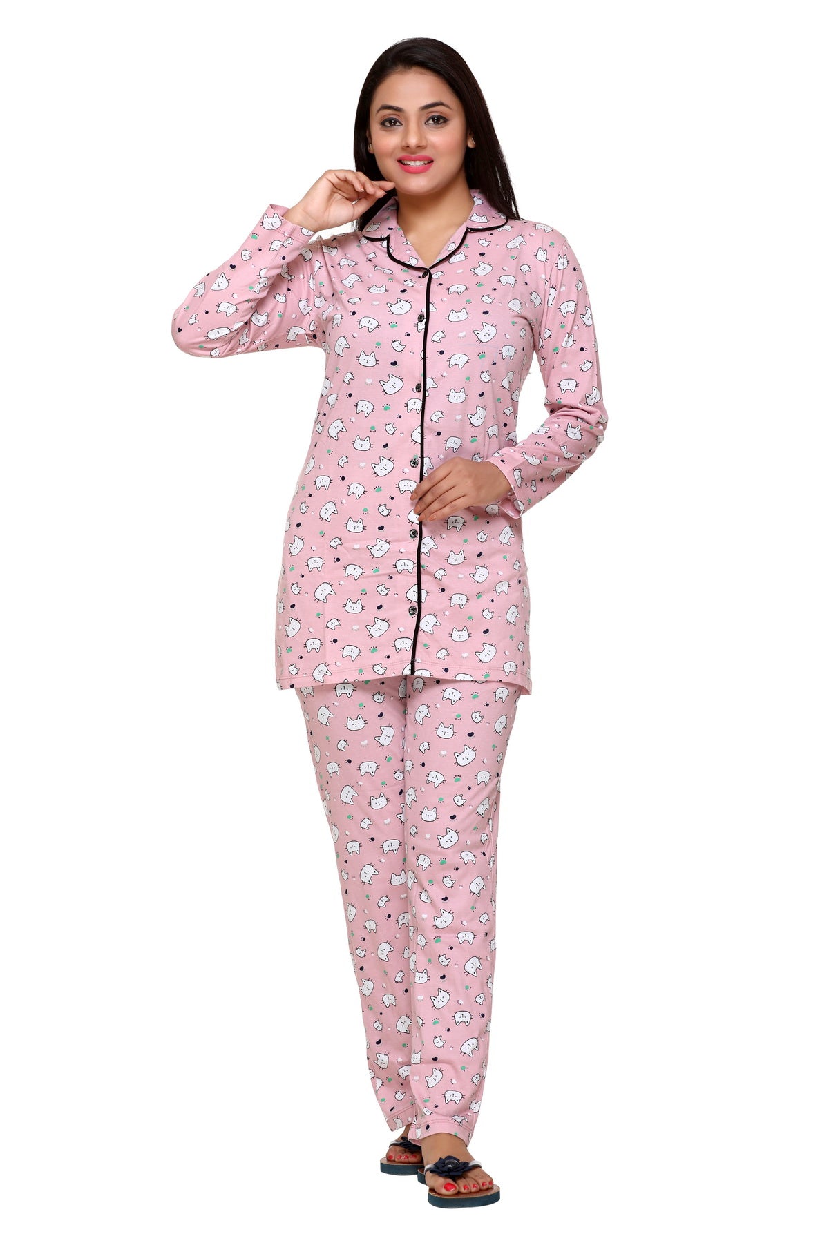 CUPID Full Sleeves Cotton Printed Night Suit Set ( Pink) freeshipping - Cupid Clothings