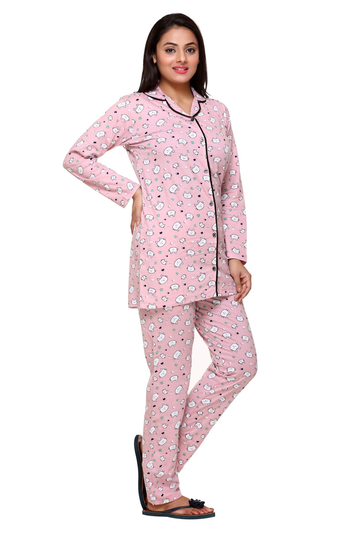 CUPID Full Sleeves Cotton Printed Night Suit Set ( Pink) freeshipping - Cupid Clothings