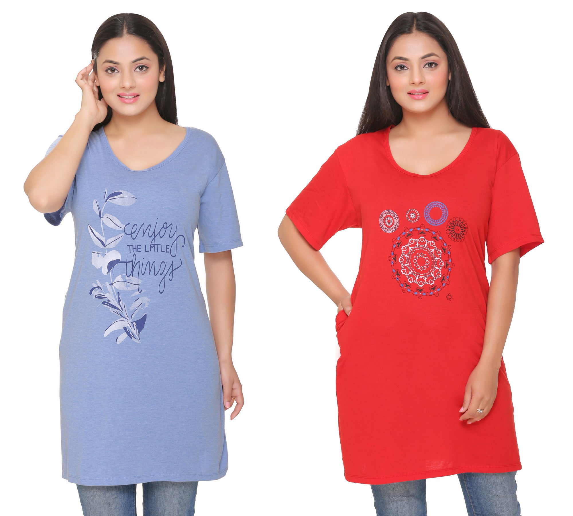 Plus Size Long T-shirts For Women - Half Sleeve - Pack of 2 (Sky Blue & Red)