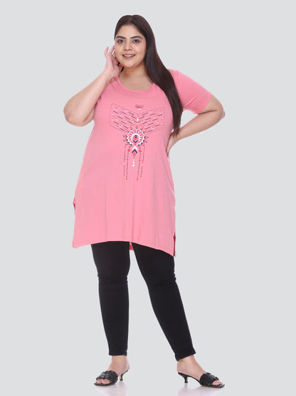 Stylish Blush Pink Plus Size Printed Cotton Half Sleeves Long T-shirt for Women At Best Prices