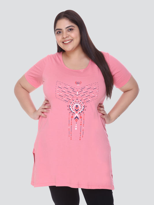 Stylish Blush Pink Plus Size Printed Cotton  Half Sleeves Long T-shirt for Women At Best Prices