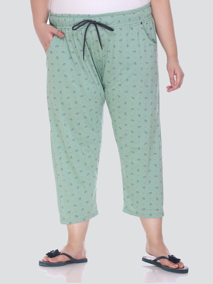 Plus Size Capri For Women - 3/4 Printed Cotton Pyjama - Pistachio