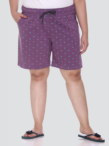 Plus Size Cotton Shorts For Women - Printed Bermuda - Purple