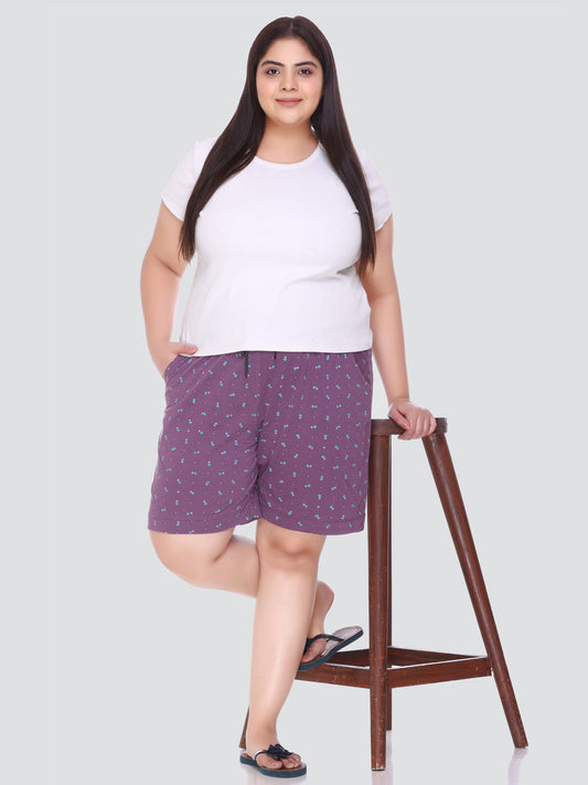Comfortable Purple Printed Bermuda Cotton Plus Size Shorts For Women Online In India