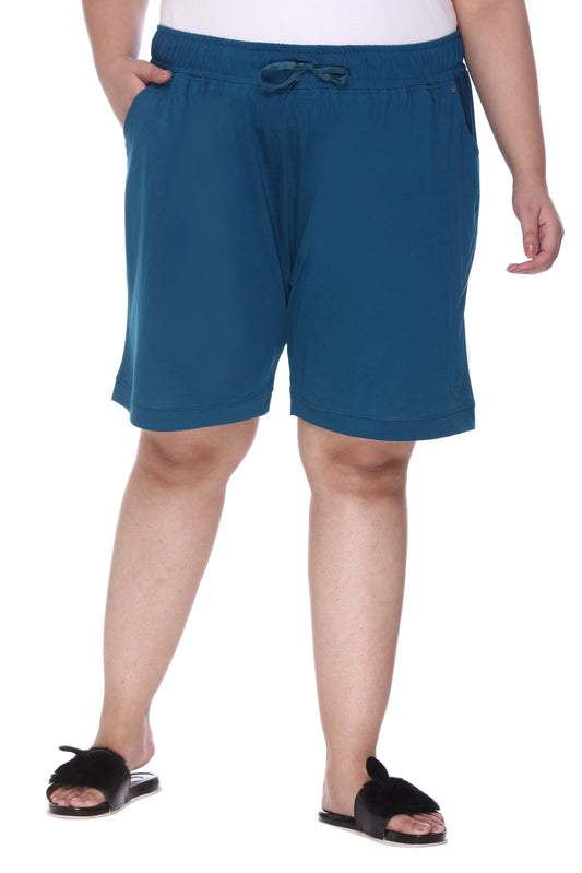 Comfortable Teal Blue Plain Bermuda Cotton Plus Size Shorts For Women Online In India