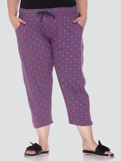 Plus Size Capri For Women - 3/4 Printed Cotton Pyjama - Purple