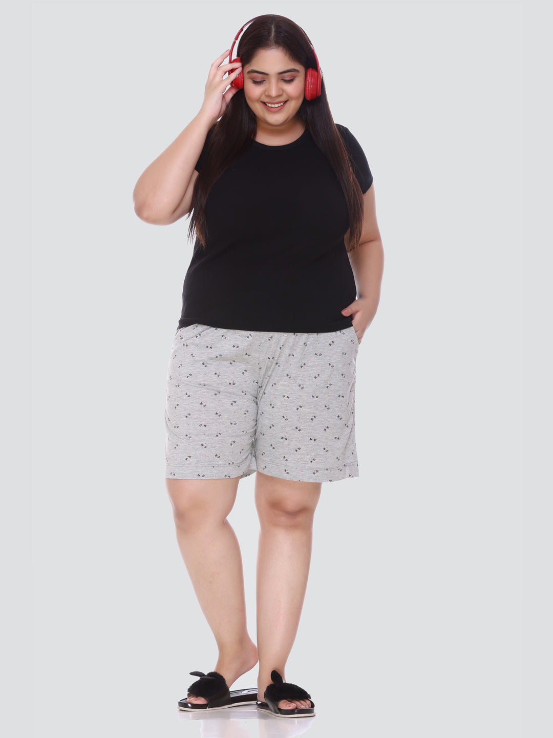 Comfortable Grey Printed Bermuda Cotton Plus Size Shorts For Women Online In India