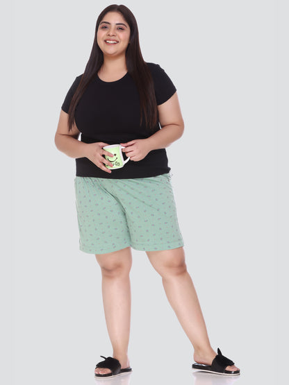 Plus Size Cotton Shorts For Women - Printed Bermuda - Pistachio