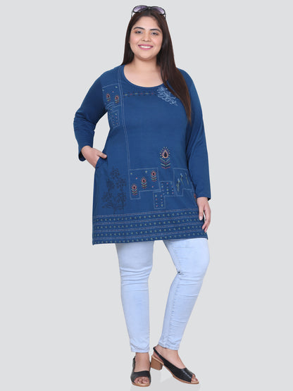 Stylish Teal Blue Plus Size Cotton Long Top For Women (Full Sleeve) Online In India