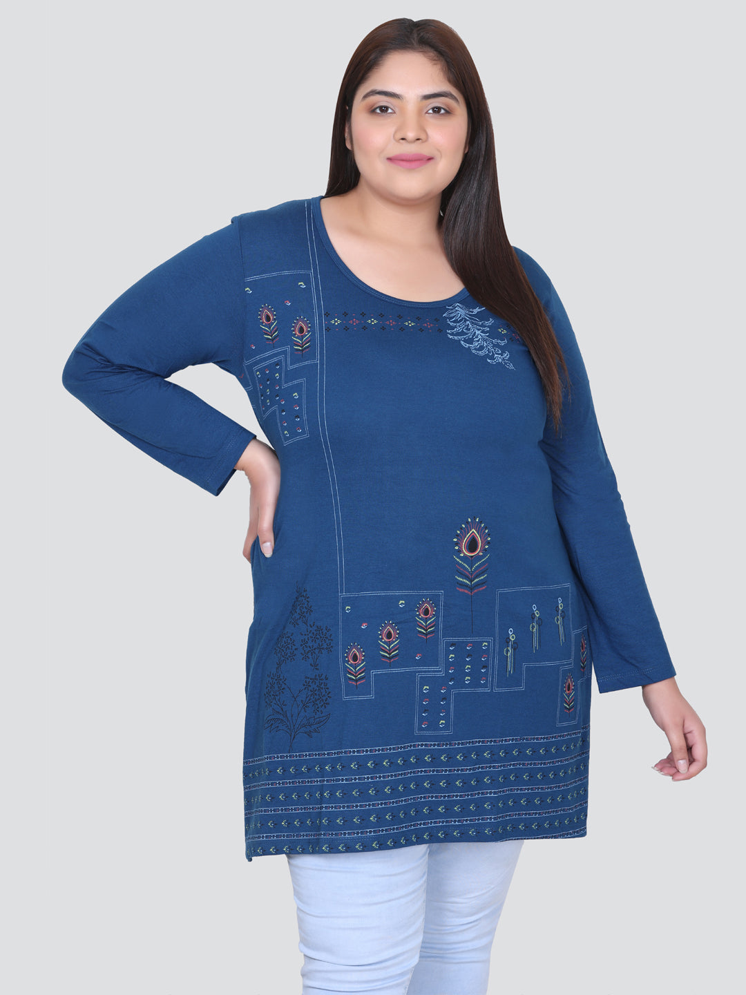 Stylish Teal Blue Plus Size Cotton Long Top For Women (Full Sleeve) Online In India