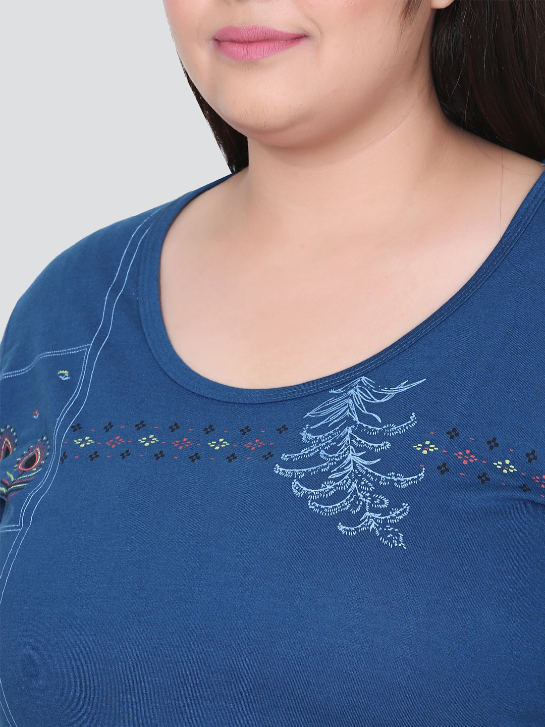 Cotton Long Top for Women Plus Size - Full Sleeves - Teal Blue