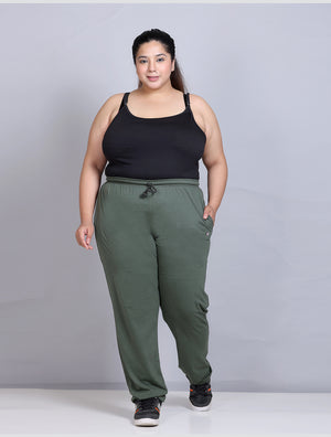Cotton Track Pant For Woman With One Side Zip Pocket - Olive Green